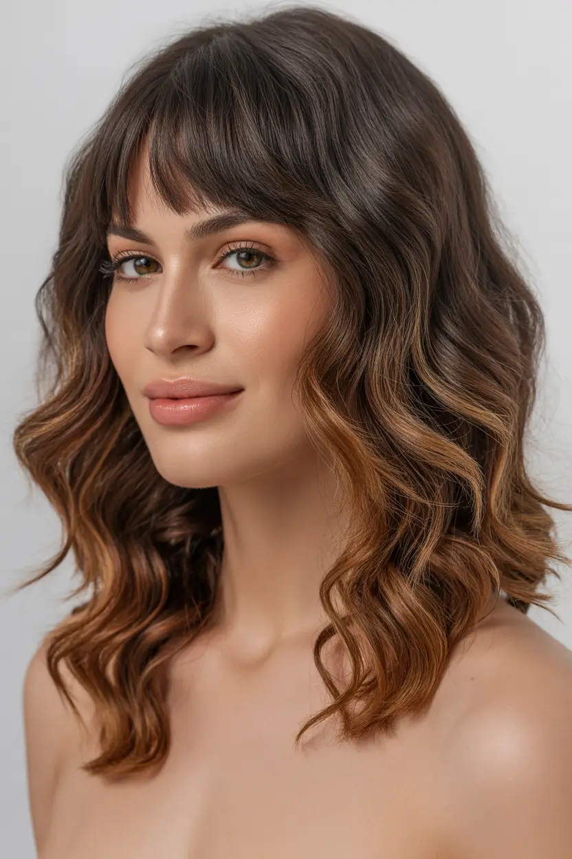soft spring bangs hairstyle 2026 soft chocolate waves with brow grazing bangs 8