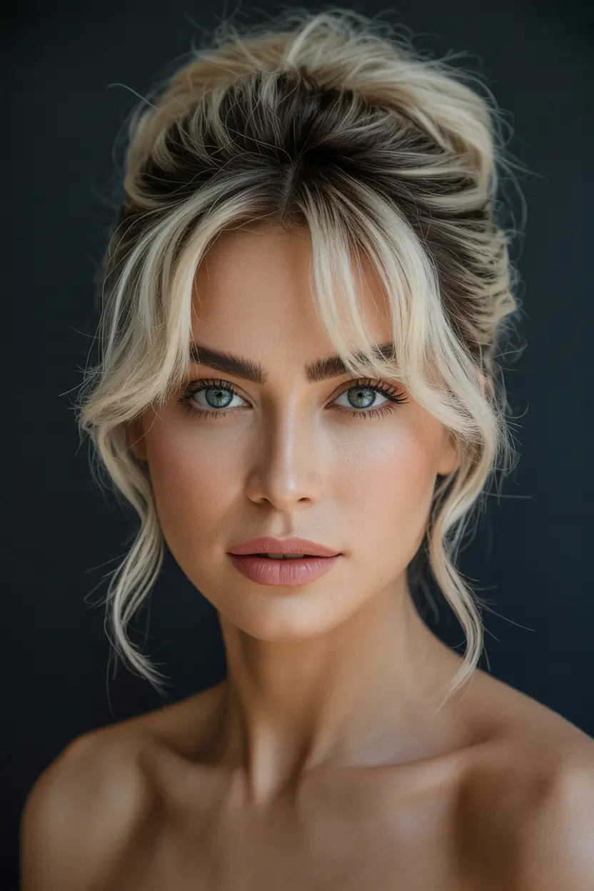 soft spring bangs hairstyle 2026 elegant blonde updo with face framing pieces 9