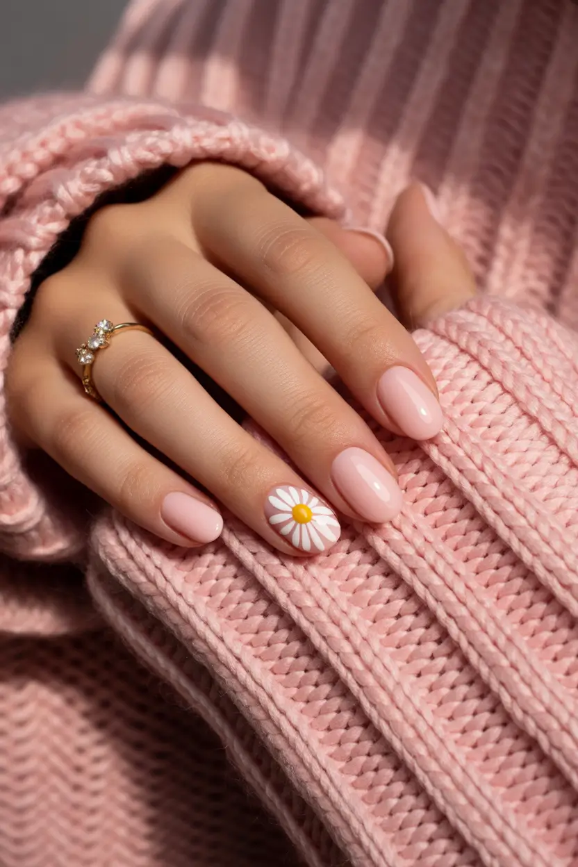 spring nails ideas 2026 Soft Pink Daisy Minimalism
