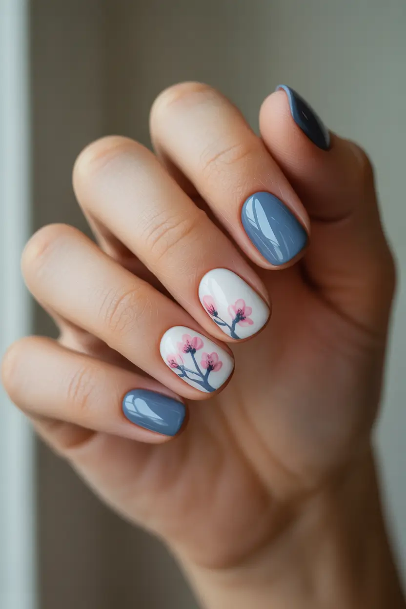 spring nails ideas 2026 Blue Short Blossom Detail 10
