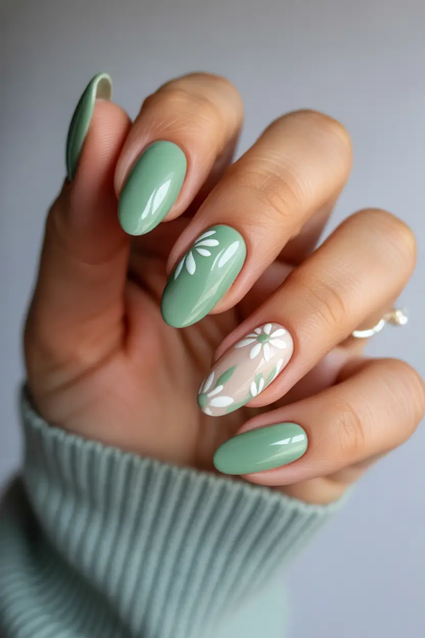 spring nails ideas 2026 Mint Gloss With Daisy Accent Almond 11