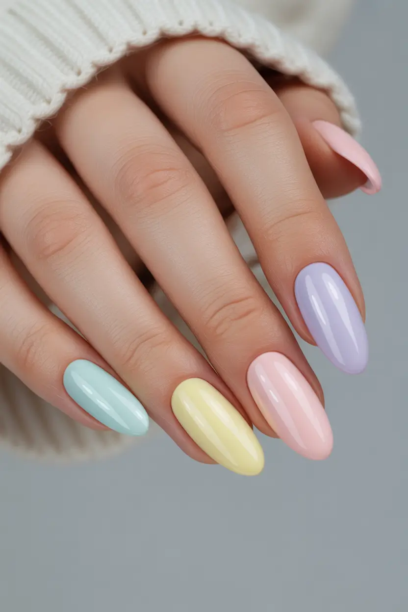 spring nails ideas 2026 Glossy Pastel Rainbow Almond 12