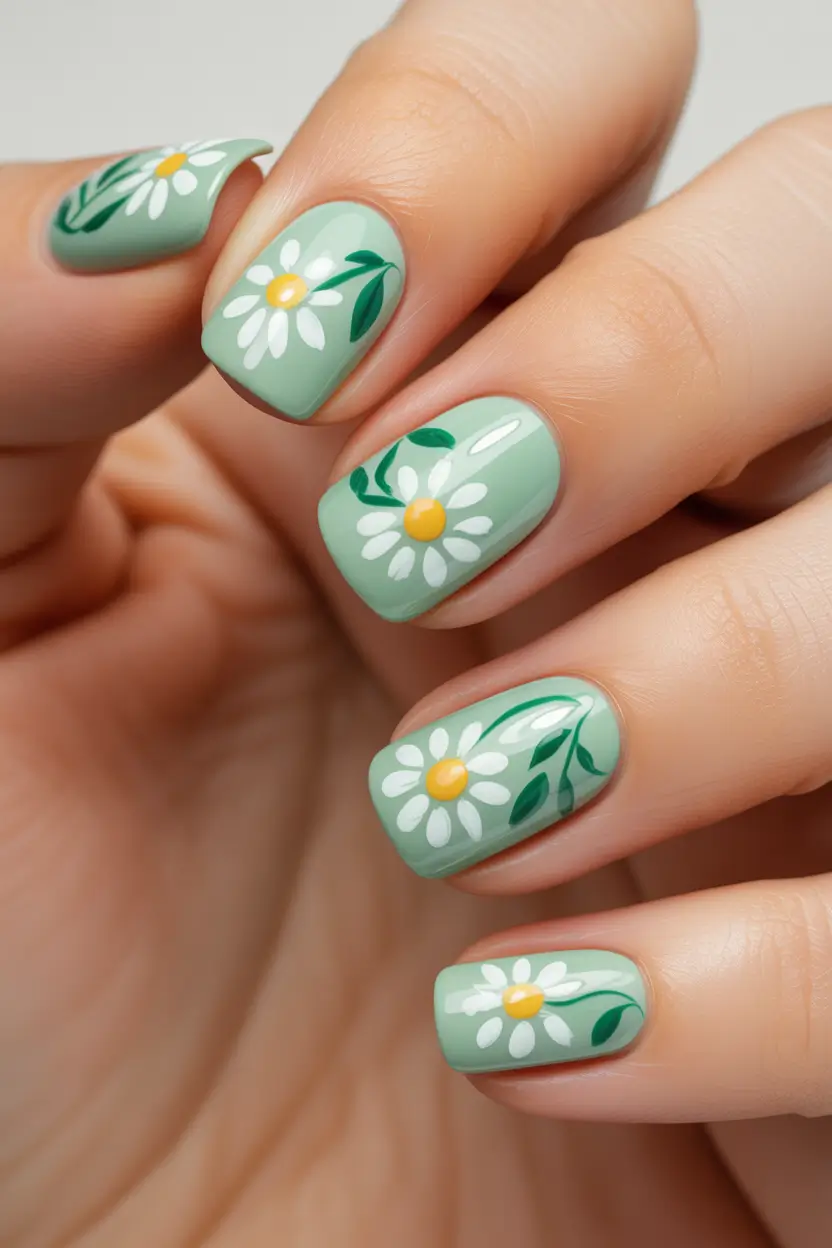 spring nails ideas 2026 Short Sage Square With Daisy Art 14