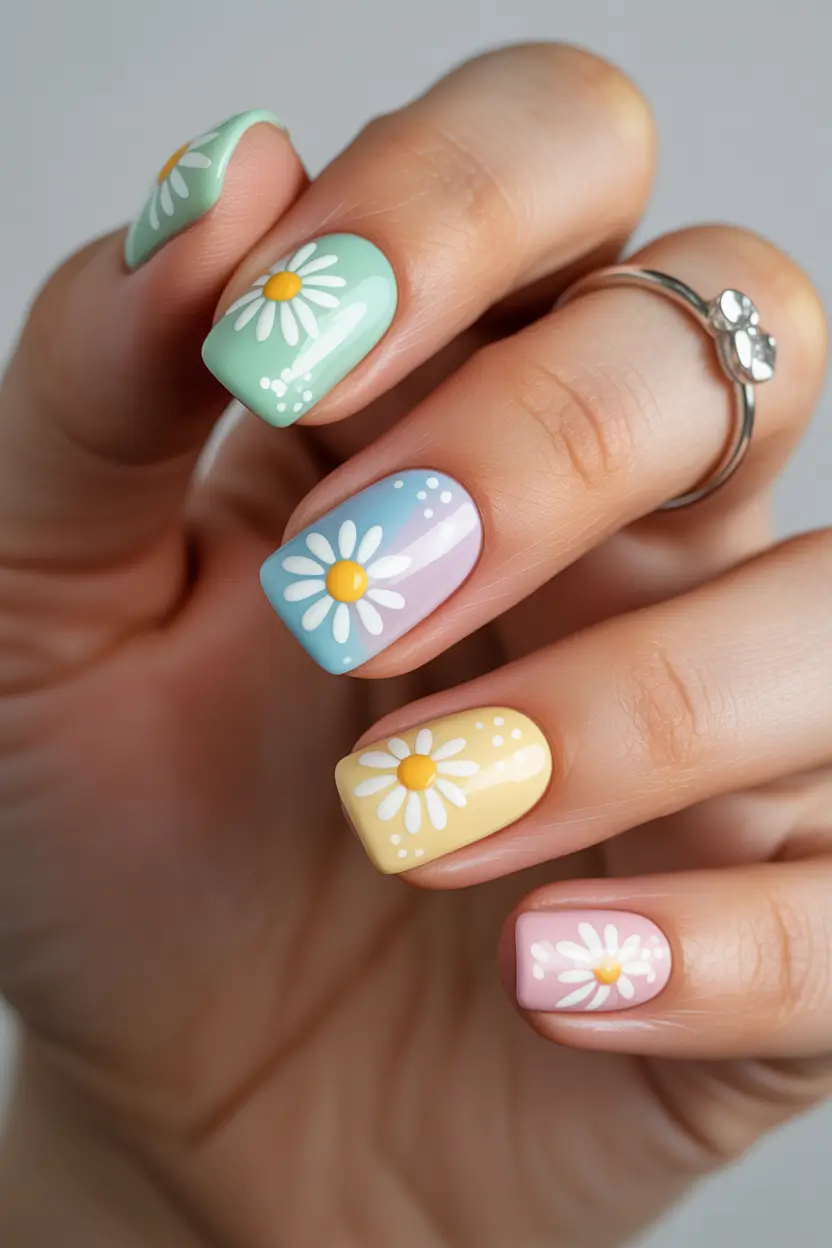 spring nails ideas 2026 Pastel Daisy Mix Square 15