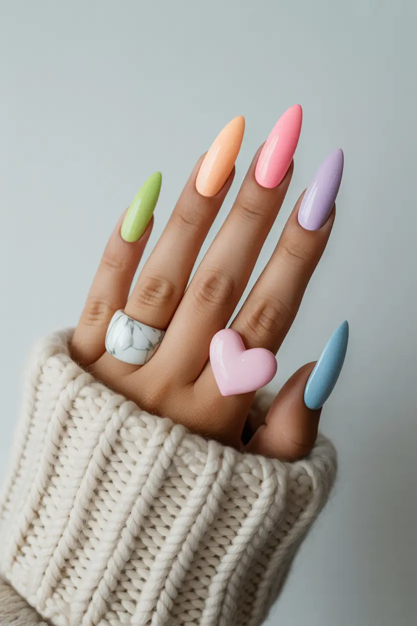 spring nails ideas 2026 Glossy Pastel Stiletto Mix 16