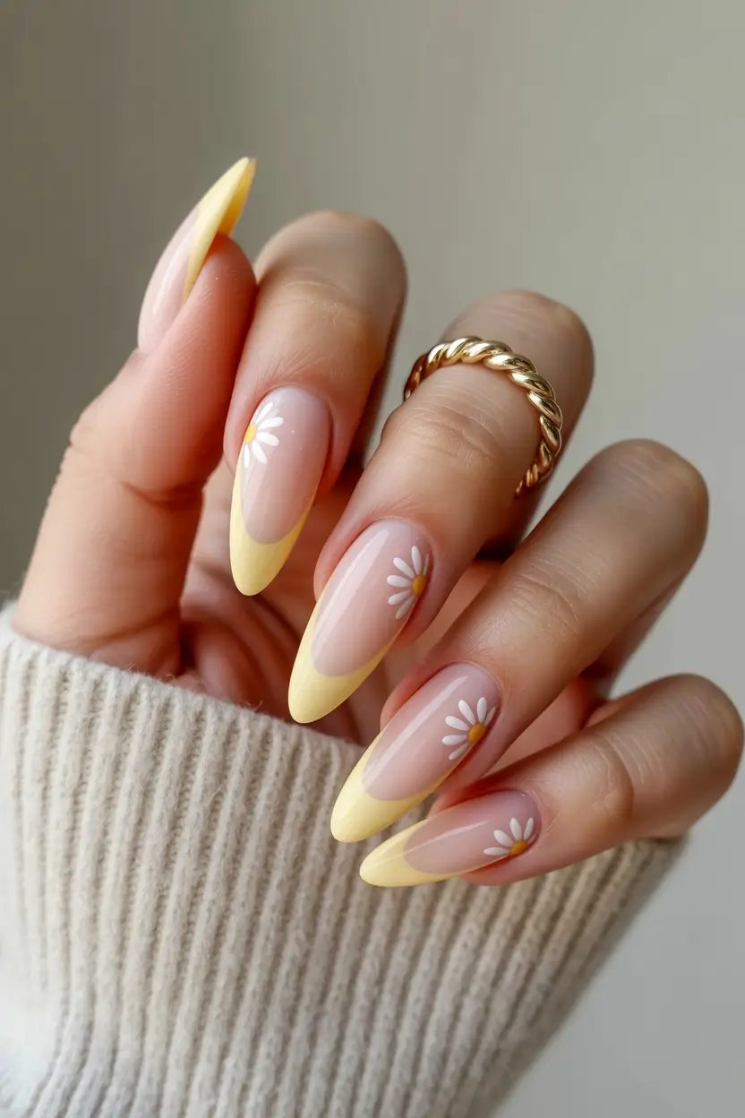 spring nails ideas 2026 Yellow French Almond With Daisy Detail 20