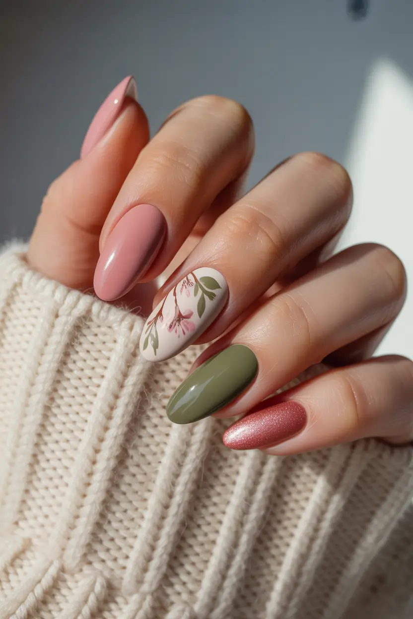 spring nails ideas 2026 Olive And Blush Mix With Subtle Floral Accent 6