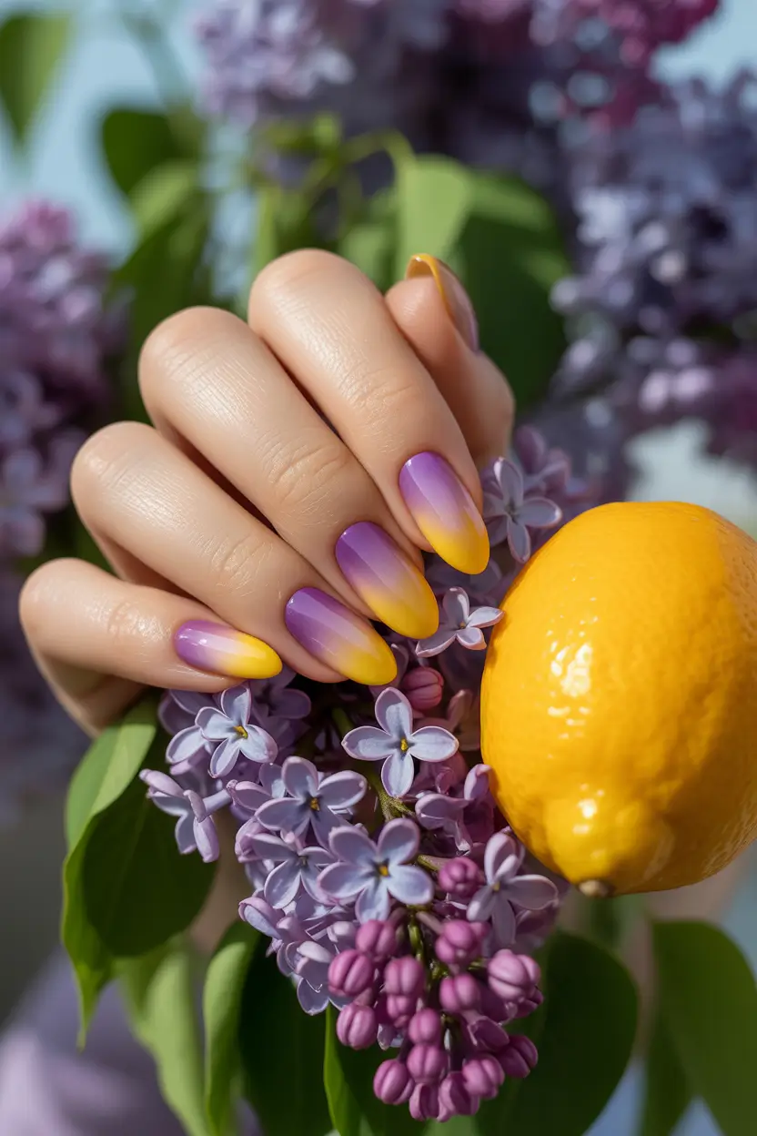 spring nails ideas 2026 Purple To Yellow Ombre Almond 7