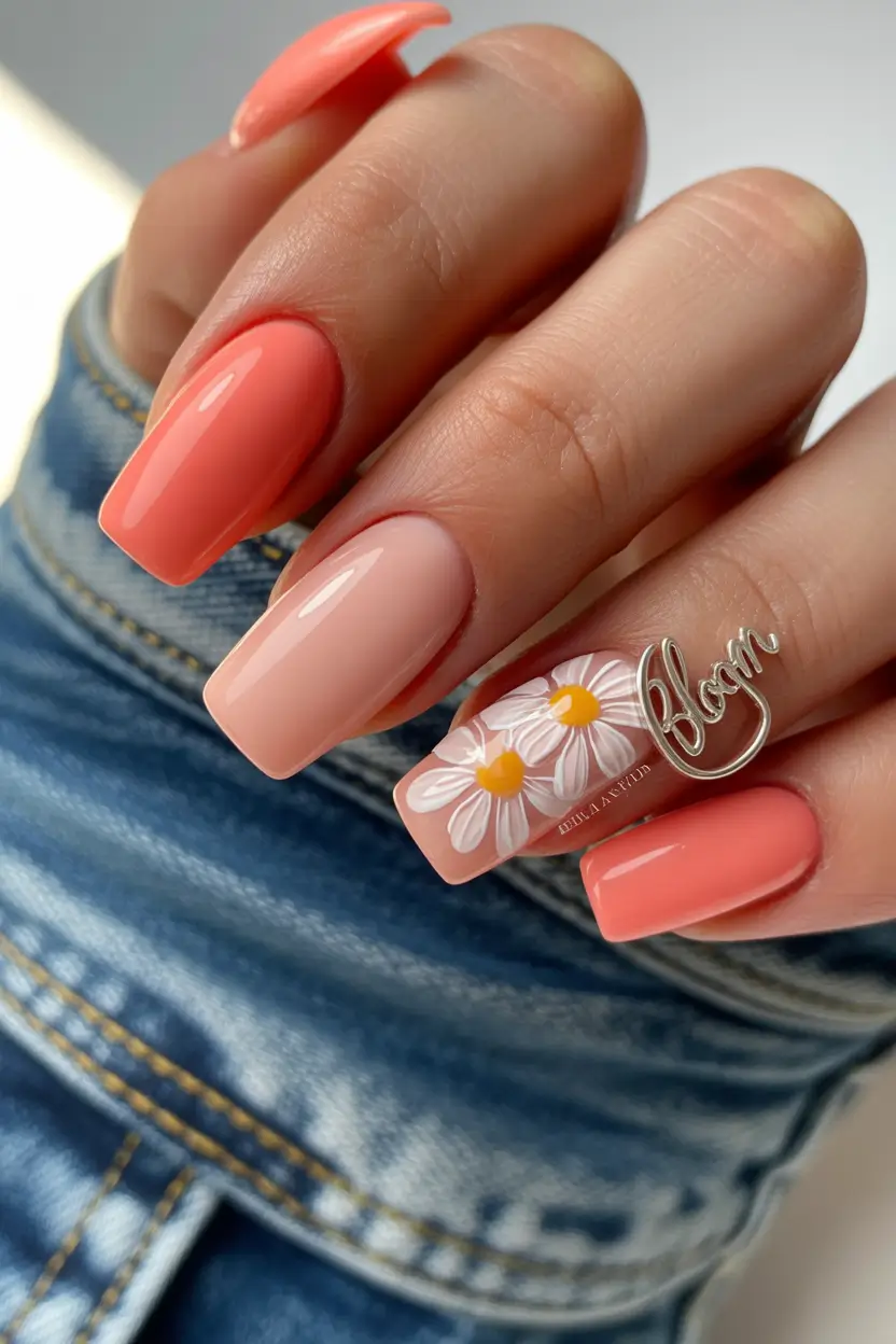 spring nails ideas 2026 Coral Square With Daisy Accent 8