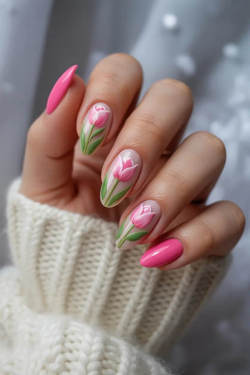 spring nails ideas 2026 Hot Pink Tulip Almond 9