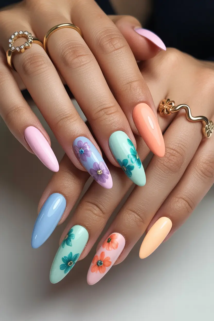 bright spring nails 2026 pastel floral garden mix almond 10