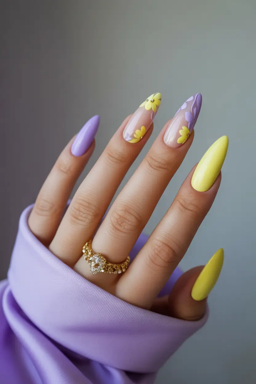 bright spring nails 2026 lilac and lemon blossom almond 11