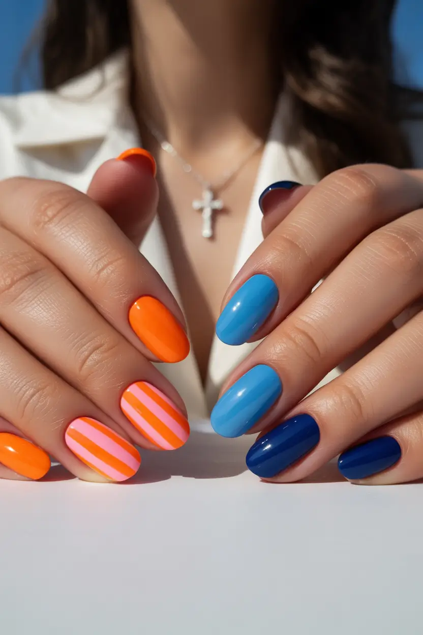 bright spring nails 2026 orange and blue color block square 13