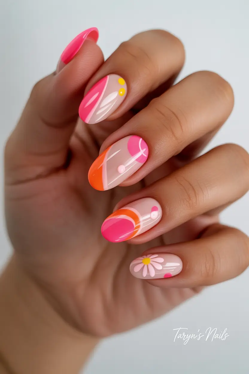 bright spring nails 2026 pink and coral graphic accent almond 14