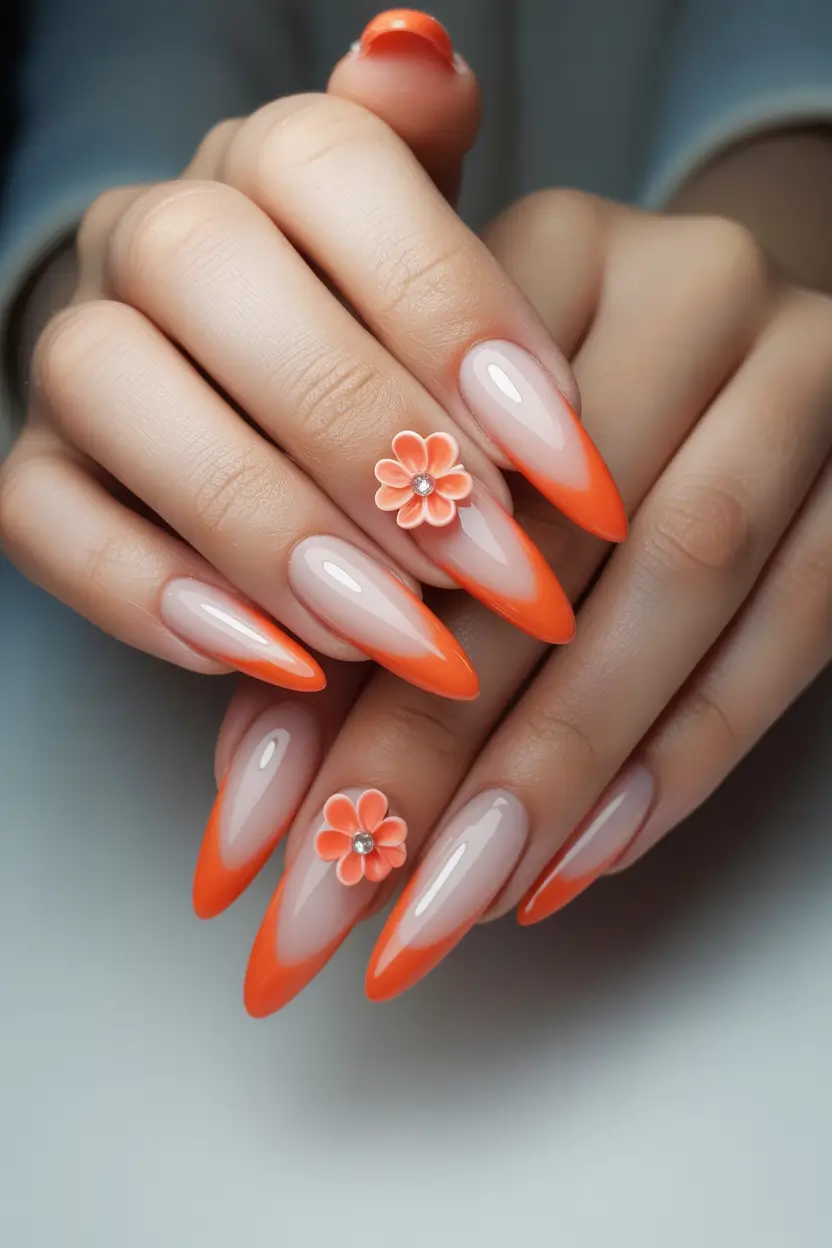 bright spring nails 2026 neon orange french bloom almond 15