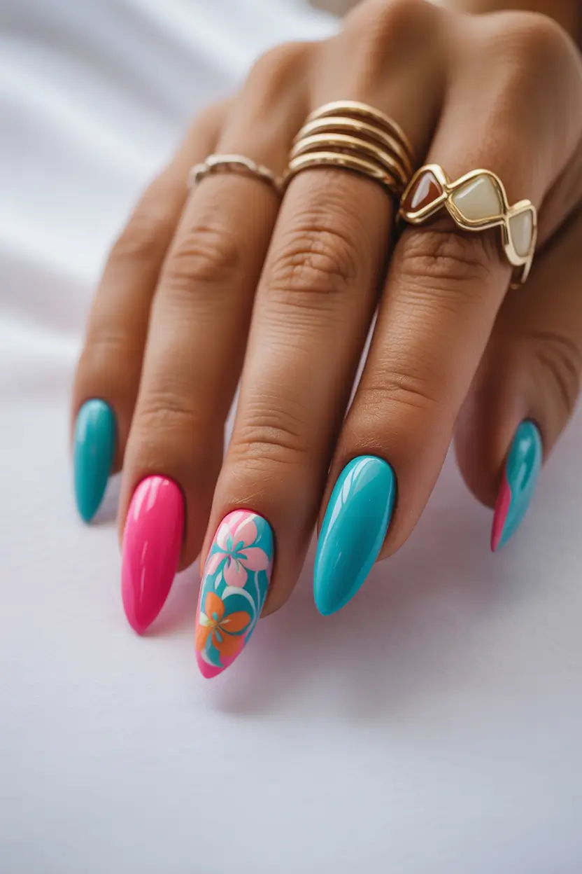 bright spring nails 2026 teal and hot pink floral almond 17