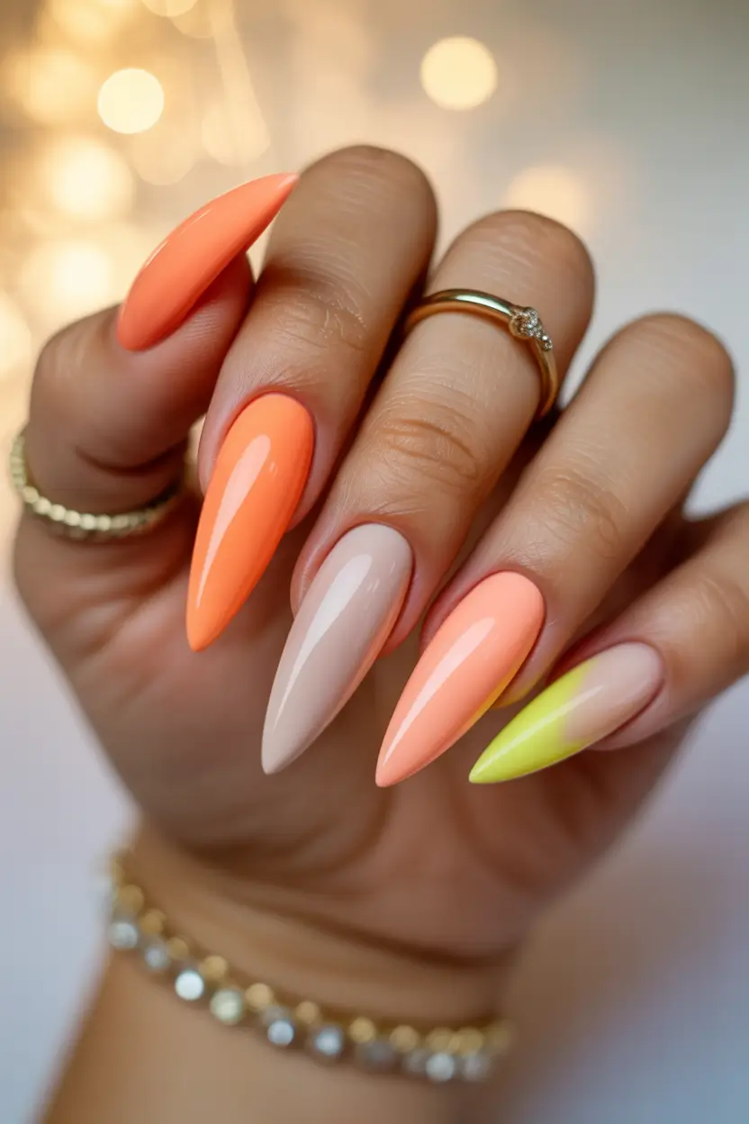 bright spring nails 2026 peach and lime gloss almond 18