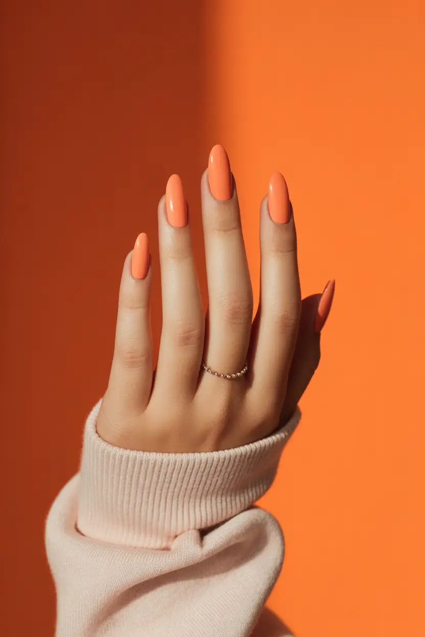bright spring nails 2026 solid neon orange almond 20