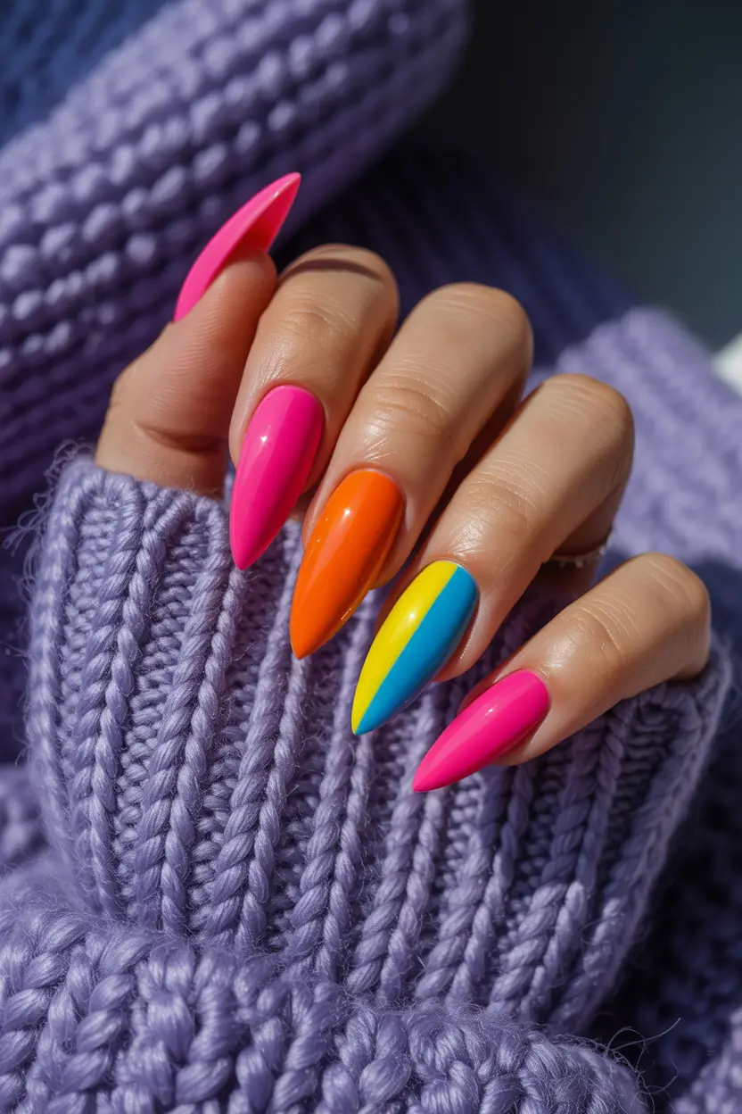 bright spring nails 2026 electric color clash almond