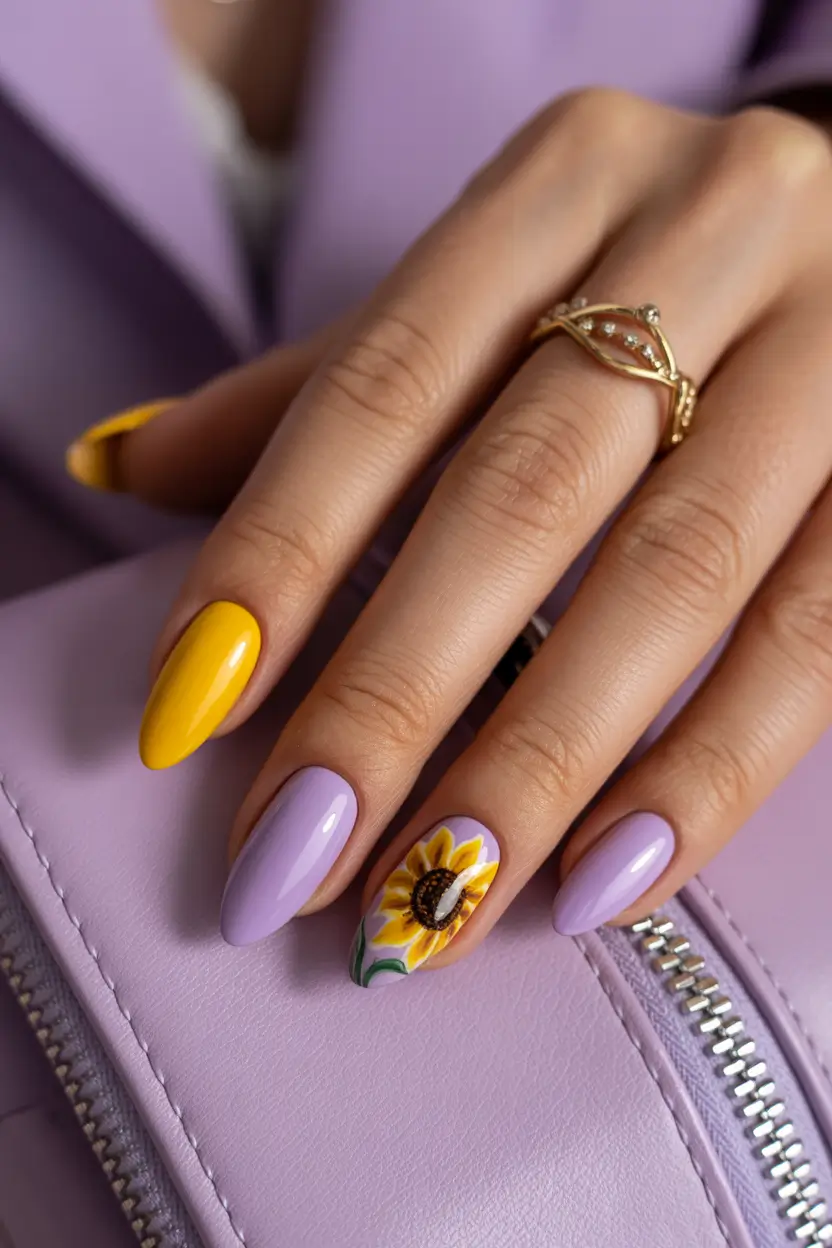 bright spring nails 2026 lavender and sunflower almond 7