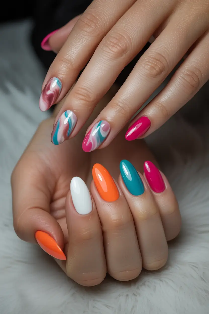 bright spring nails 2026 neon swirl and solid color mix 8