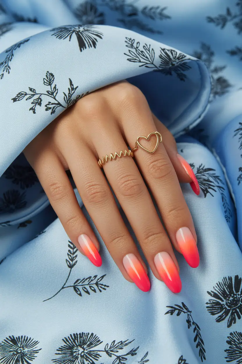 stylish fun spring nails 2026 Neon Sunset Ombre on Almond Shape