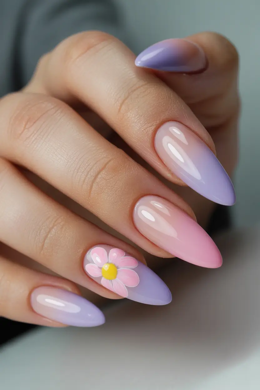 stylish fun spring nails 2026 Pastel Daisy Short Almond 10