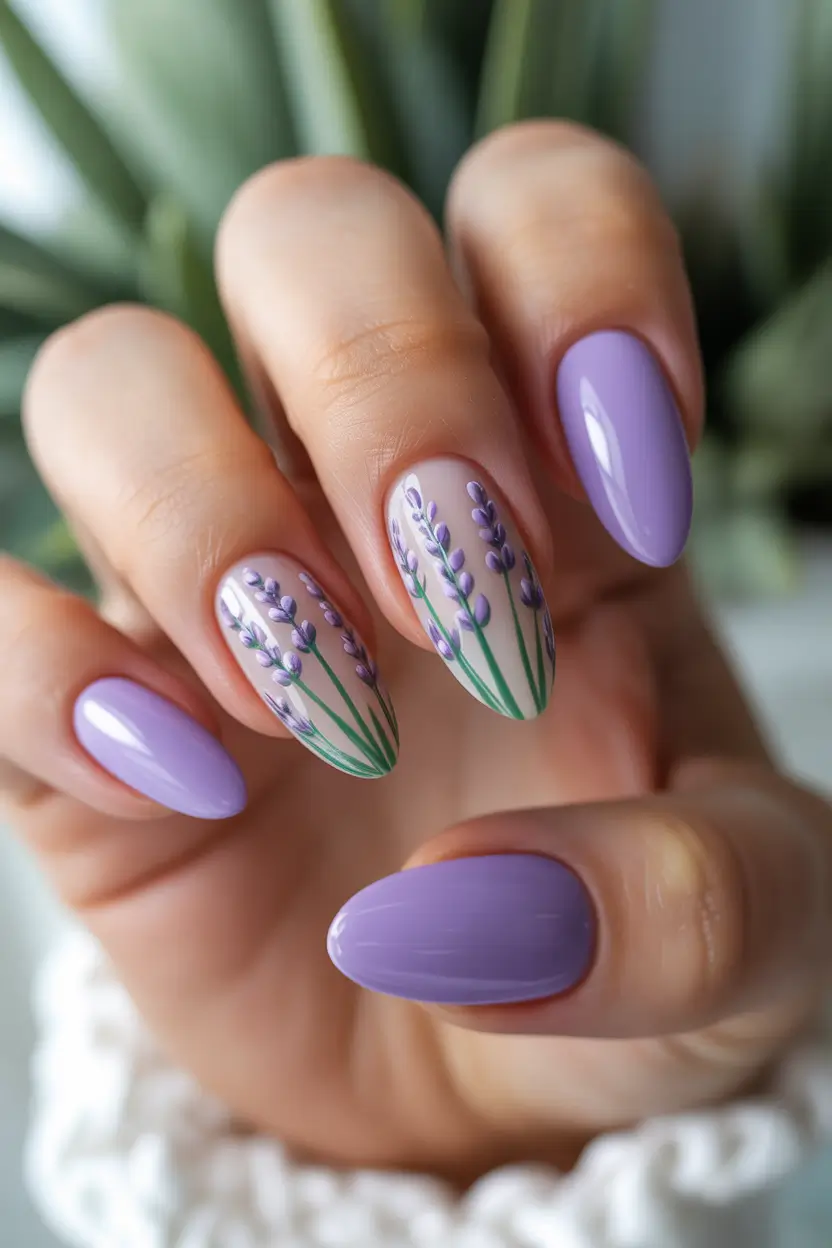 stylish fun spring nails 2026 Lavender Botanical Almond 12