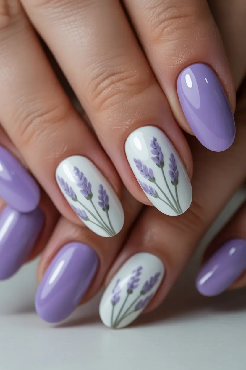 stylish fun spring nails 2026 White Base Lavender Art Short Almond 13