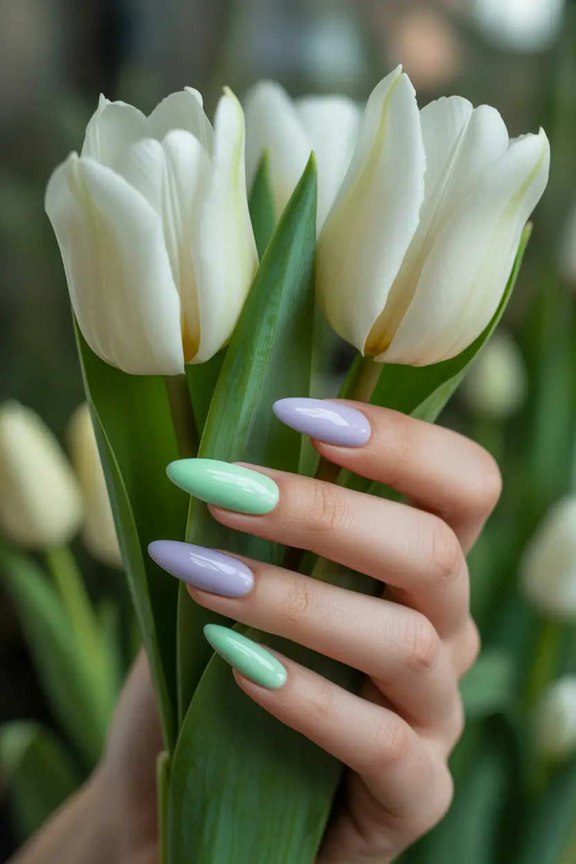stylish fun spring nails 2026 Mint and Lilac Glossy Almond 14