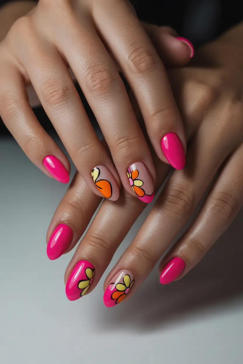 stylish fun spring nails 2026 Hot Pink Floral Pop Almond 15