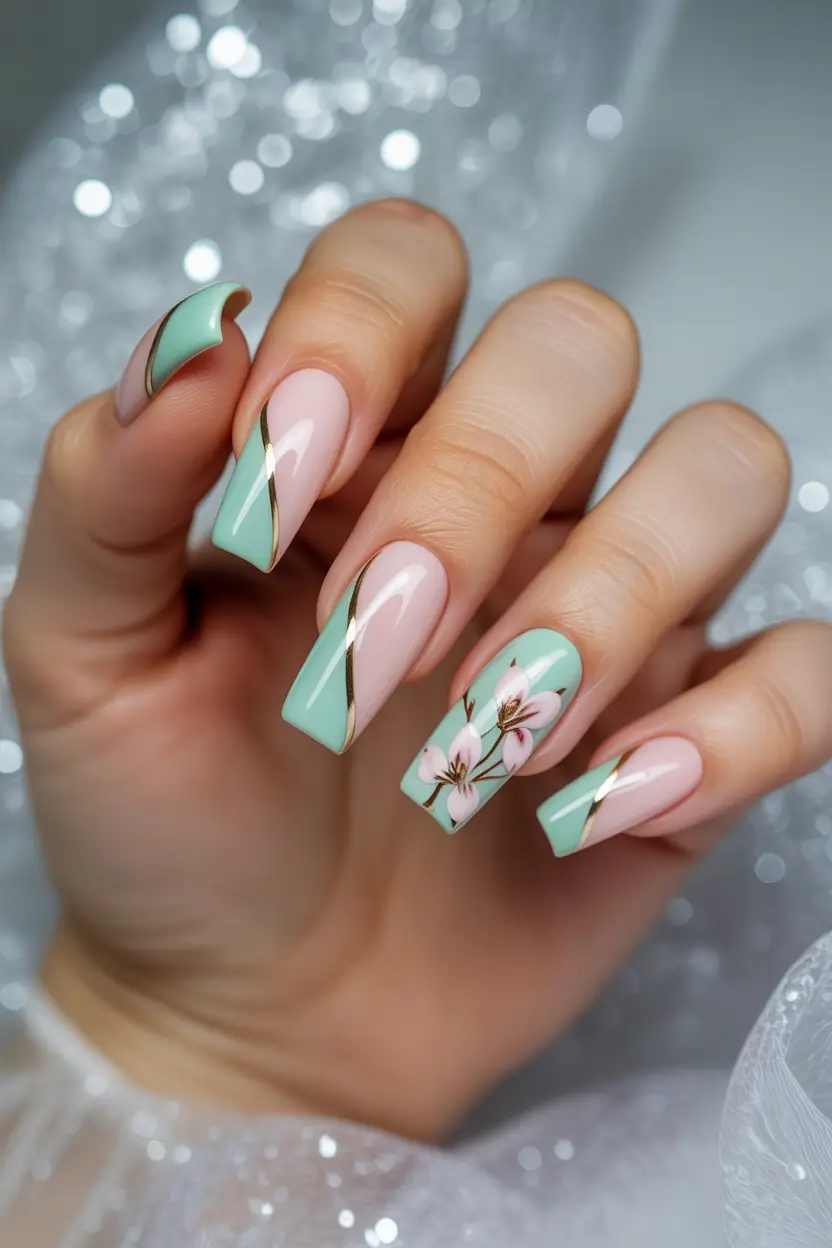 stylish fun spring nails 2026 Graphic Pastel Linework Almond 11