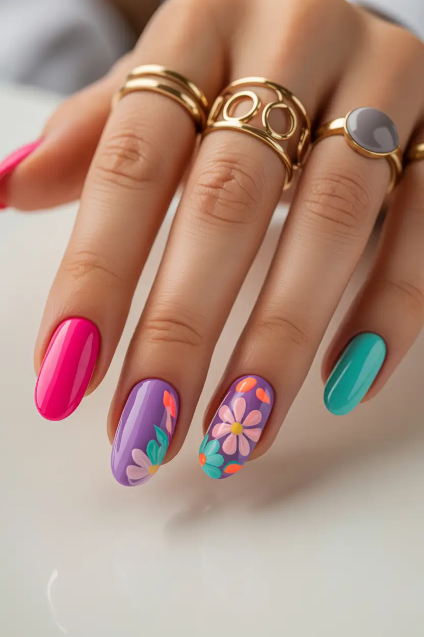 stylish fun spring nails 2026 White Base Lavender Art Short Almond 13