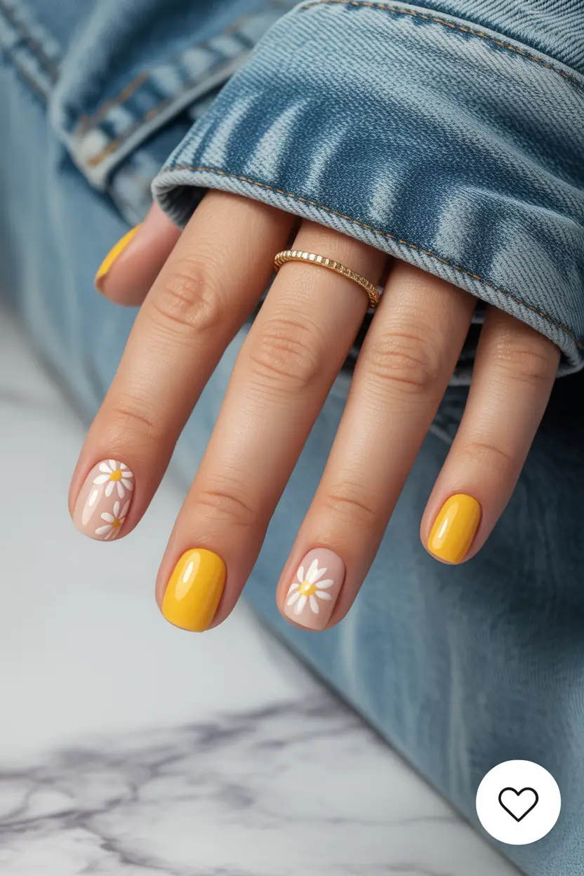 stylish fun spring nails 2026 Sunny Daisy Short Square