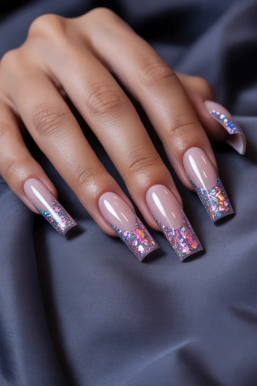 stylish fun spring nails 2026 Holographic Glitter Square Drama