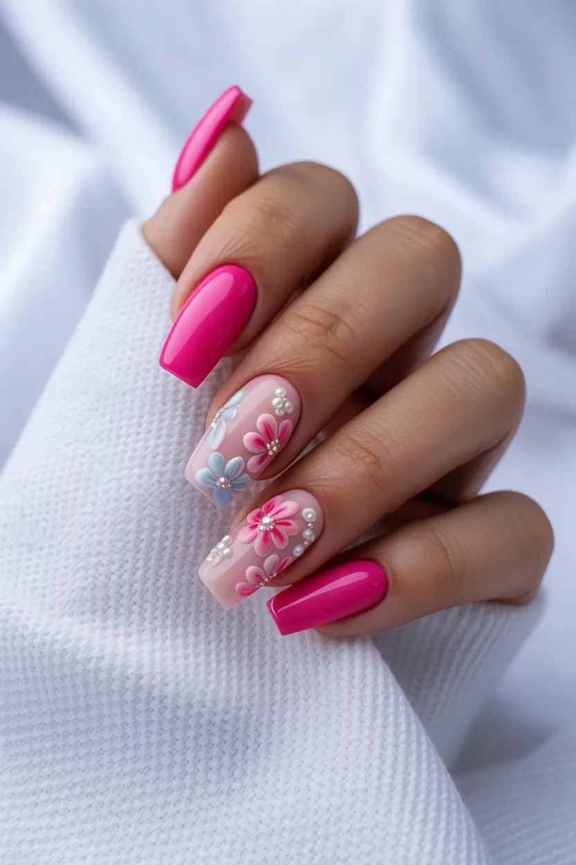 stylish fun spring nails 2026 Pink Floral Acrylic Fantasy