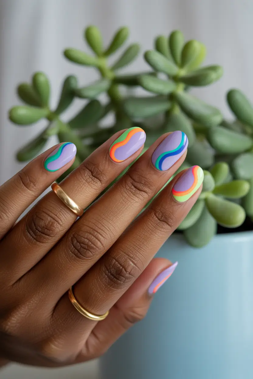 stylish fun spring nails 2026 Pastel Wave Art on Short Almond 6