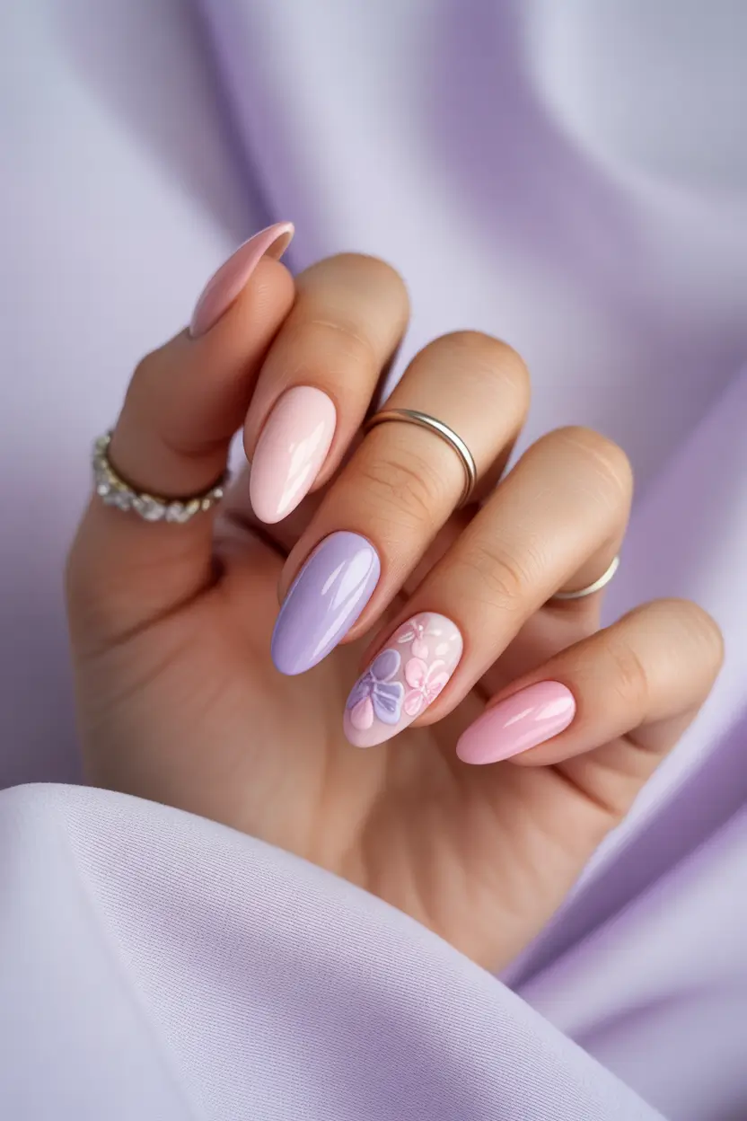 stylish fun spring nails 2026 Soft Pink and Lavender Floral Blend 7