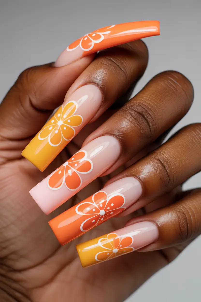 stylish fun spring nails 2026 Orange Ombre Floral Acrylic 9