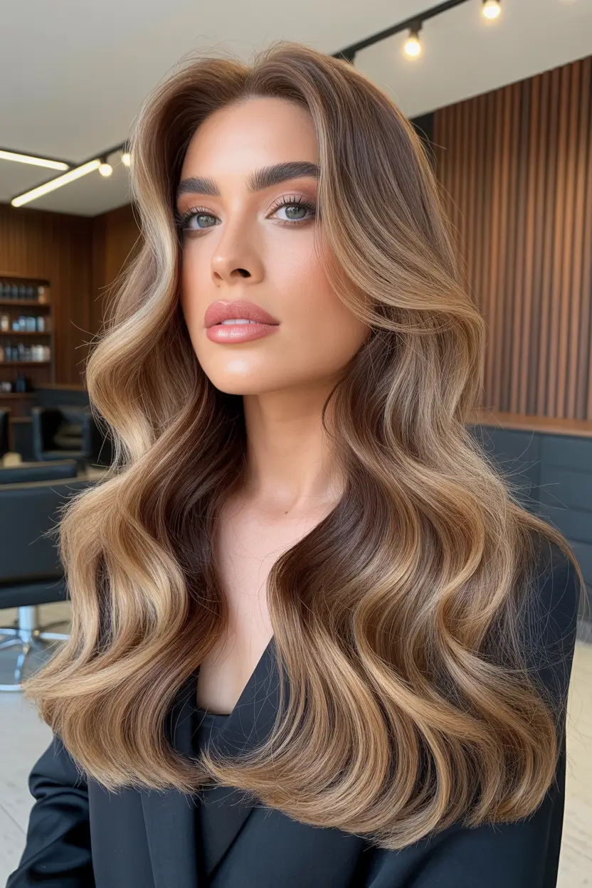 stylish spring balayage hair color ideas 2026 soft brunette glow with creamy blonde ribbons
