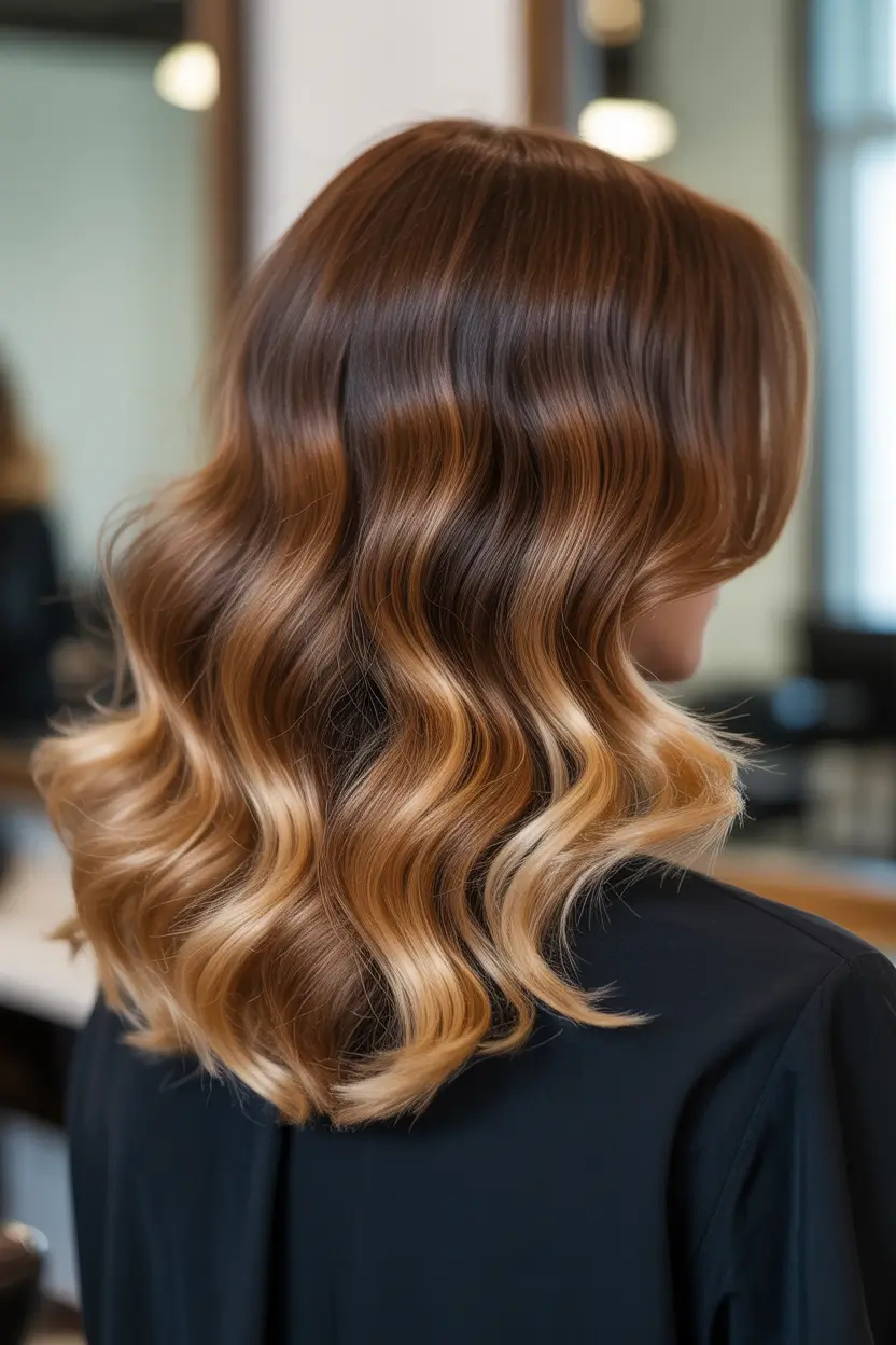 stylish spring balayage hair color ideas 2026 dimensional chestnut waves with golden ribbon detail 13