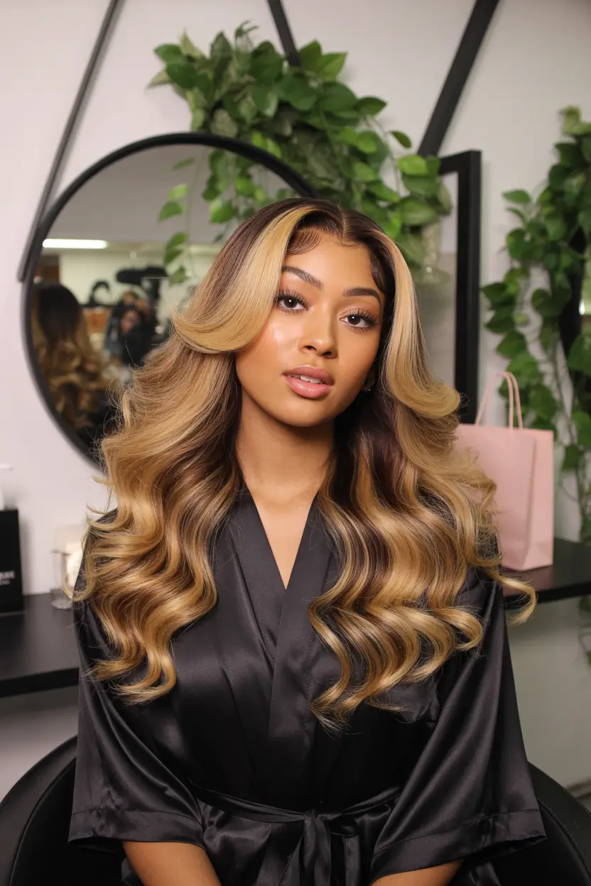 stylish spring balayage hair color ideas 2026 golden luxe brunette with bold blonde framing 14