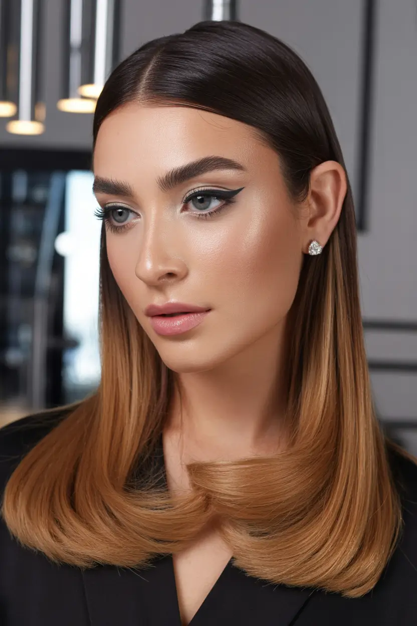 stylish spring balayage hair color ideas 2026 sleek brunette to copper melt 17