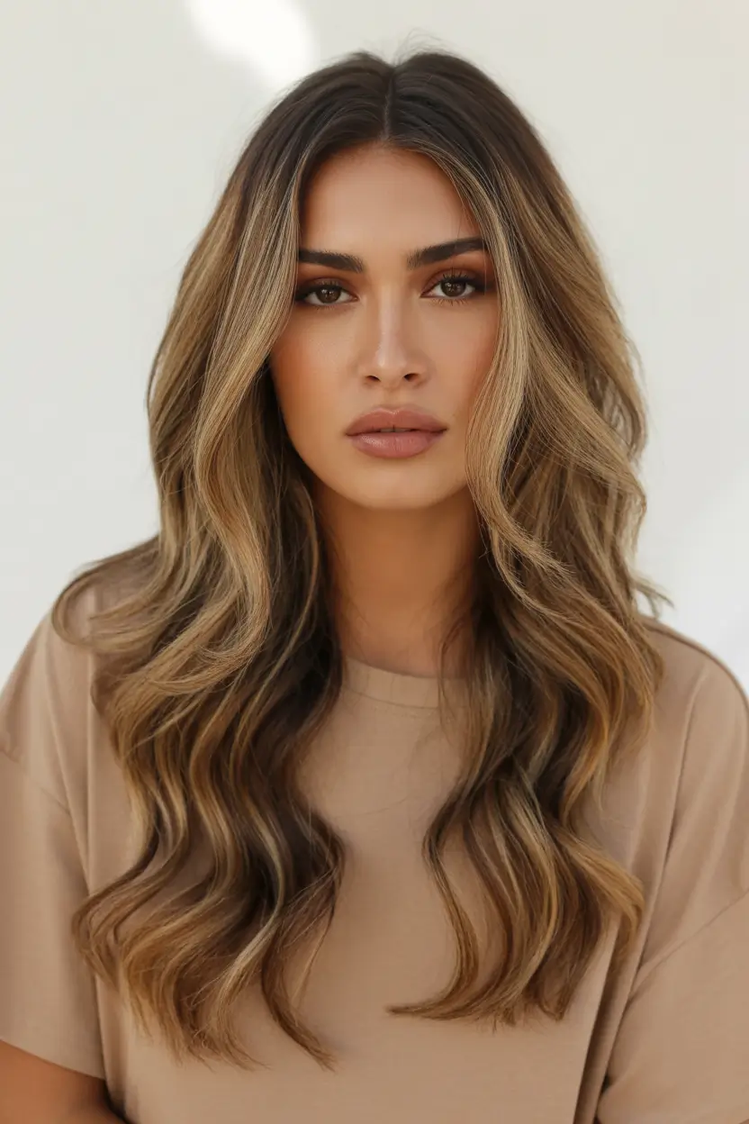 stylish spring balayage hair color ideas 2026 neutral brunette with soft blonde face framing 19