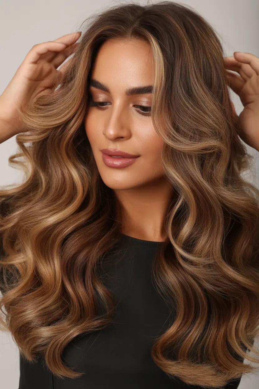 stylish spring balayage hair color ideas 2026 glossy dark brunette with caramel contour