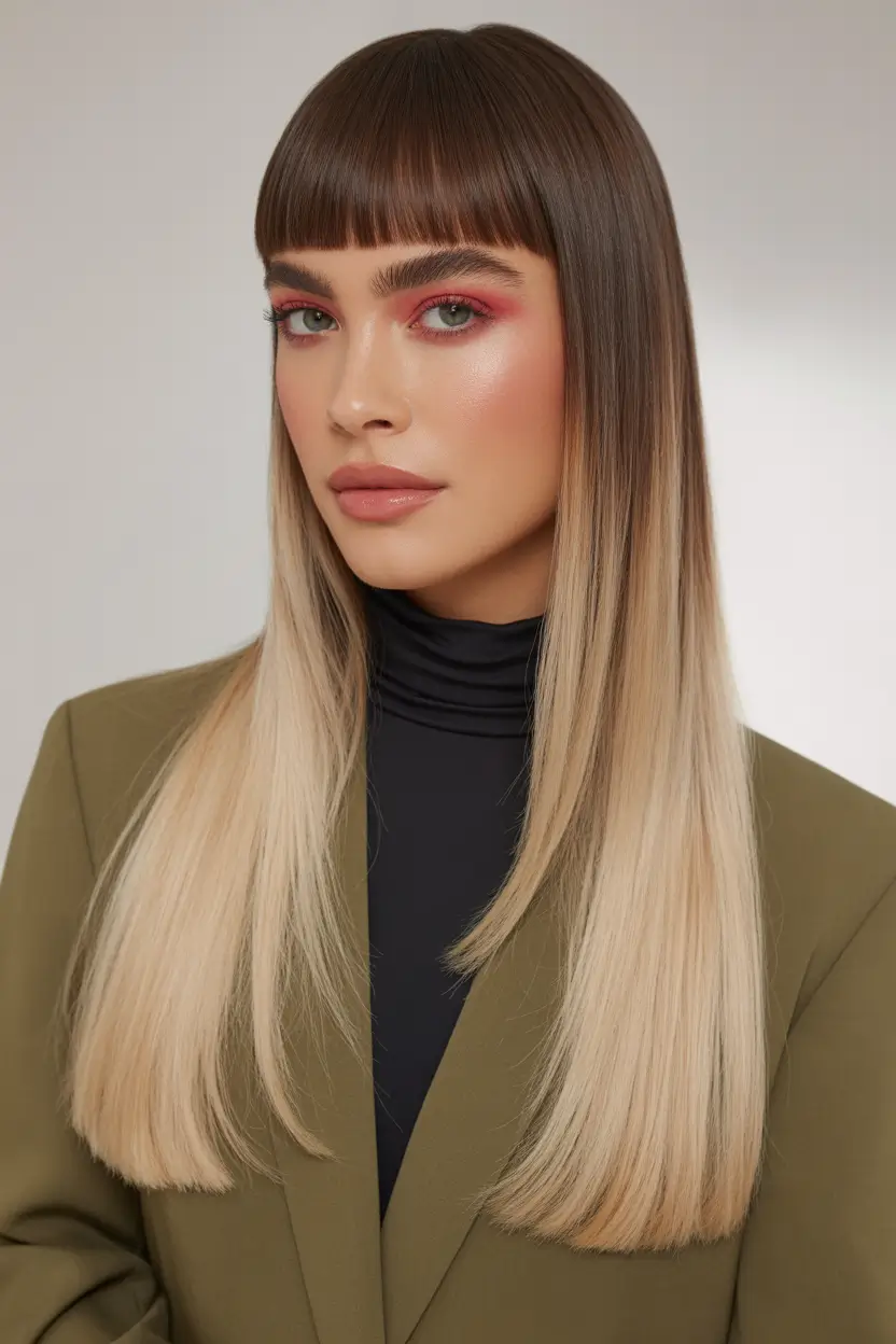 stylish spring balayage hair color ideas 2026 bold blonde gradient with blunt fringe 20