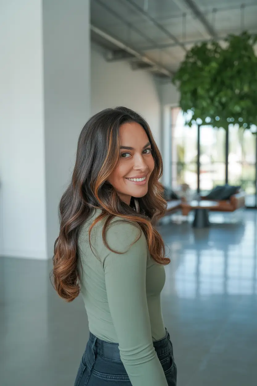 spring brunette hair color balayage caramel highlights