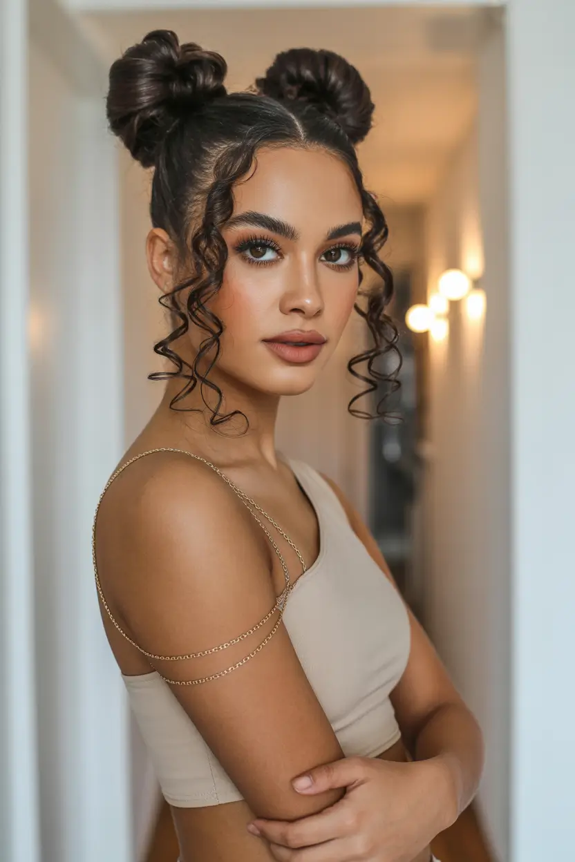 stylish spring buns hairstyle 2026 curly-space-buns-with-sculpted-tendrils-14