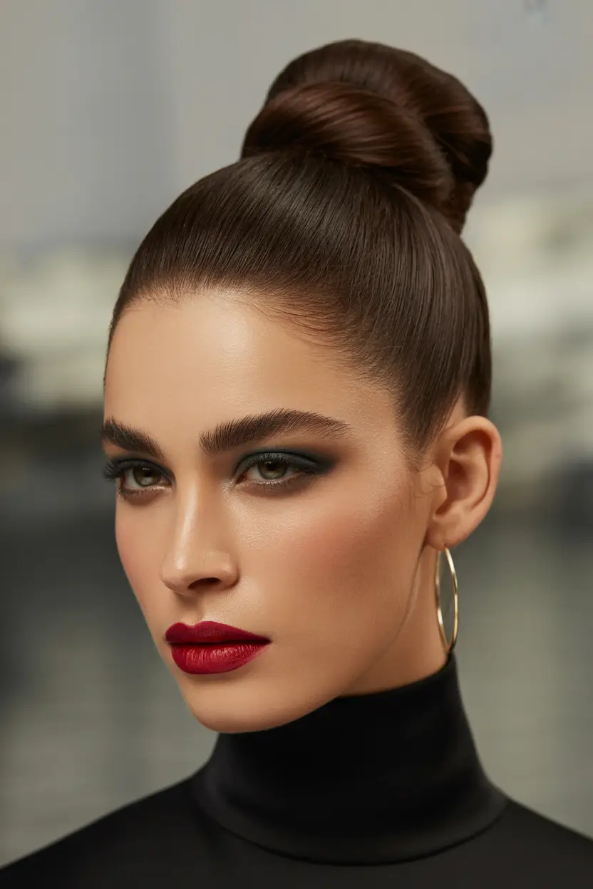 stylish spring buns hairstyle 2026 ultra-sleek-high-bun-with-dramatic-edge-15