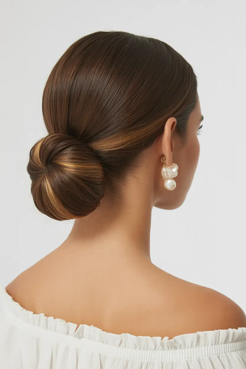 stylish spring buns hairstyle 2026 sleek-espresso-low-bun-with-pearl-accent-16